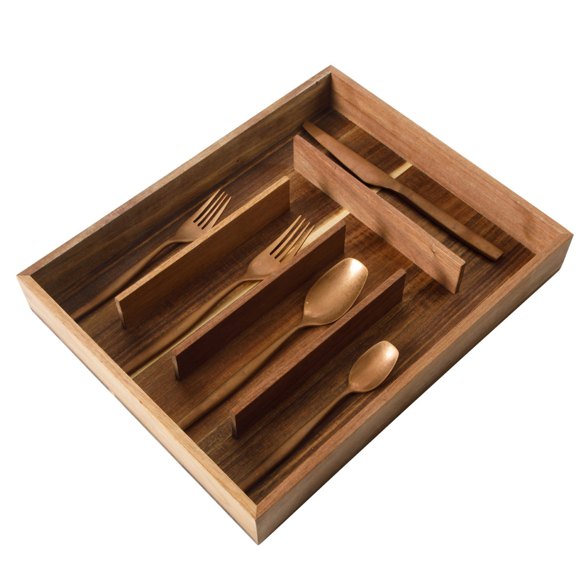 Bloomhouse 20 Piece Stone Washed Gold Flatware 18/10 Stainless Steel Silverware Cutlery Utensil Set With Acacia Wood Caddy - Service for 4